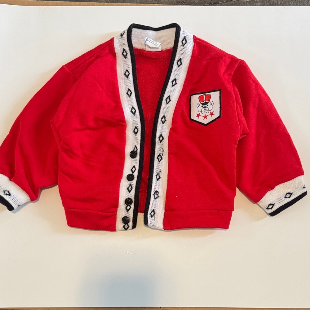 Red Cardigan with Black and White Trim